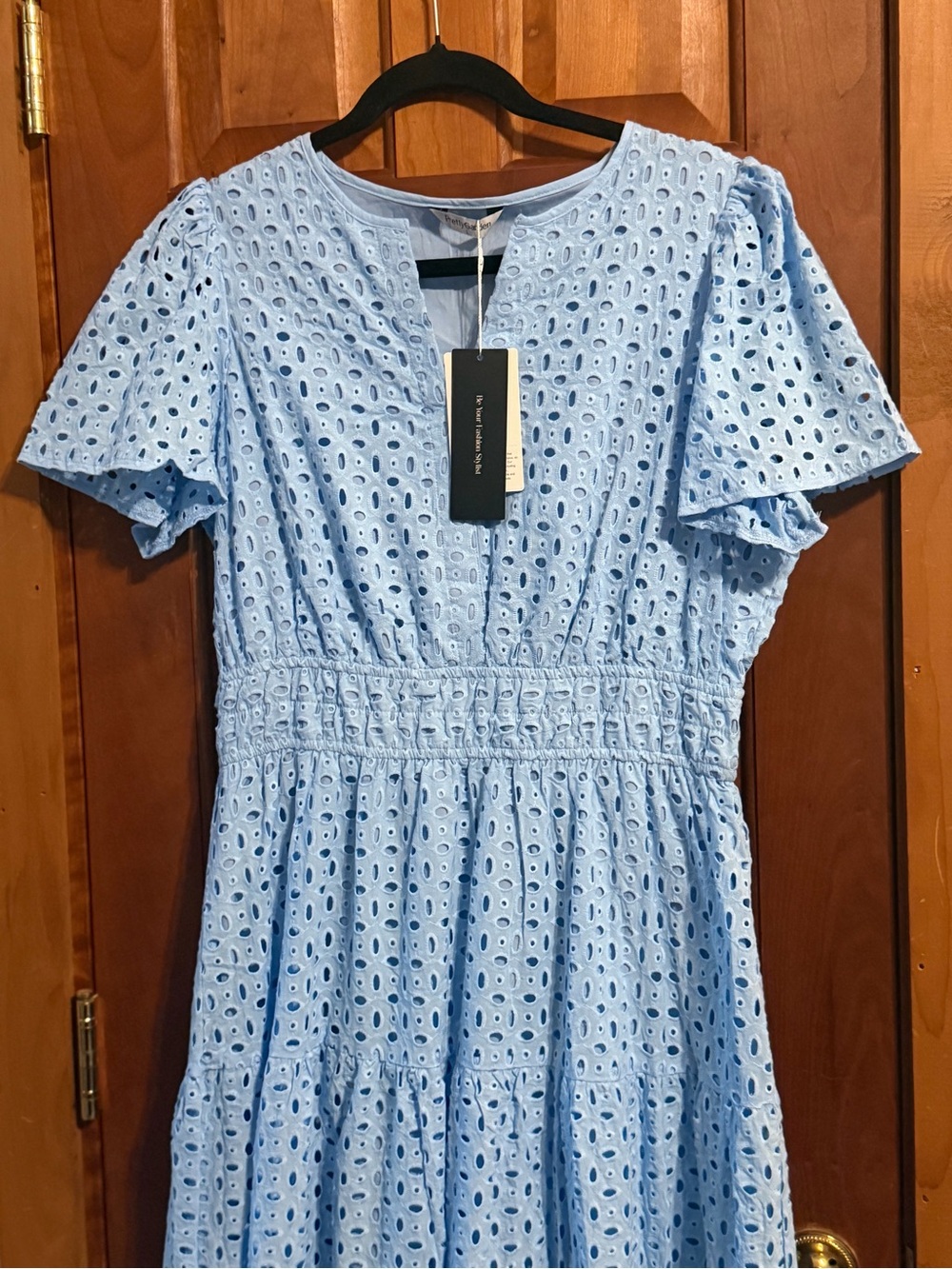 Pretty Garden Light Blue Eyelet Short Sleeve Maxi Dress.